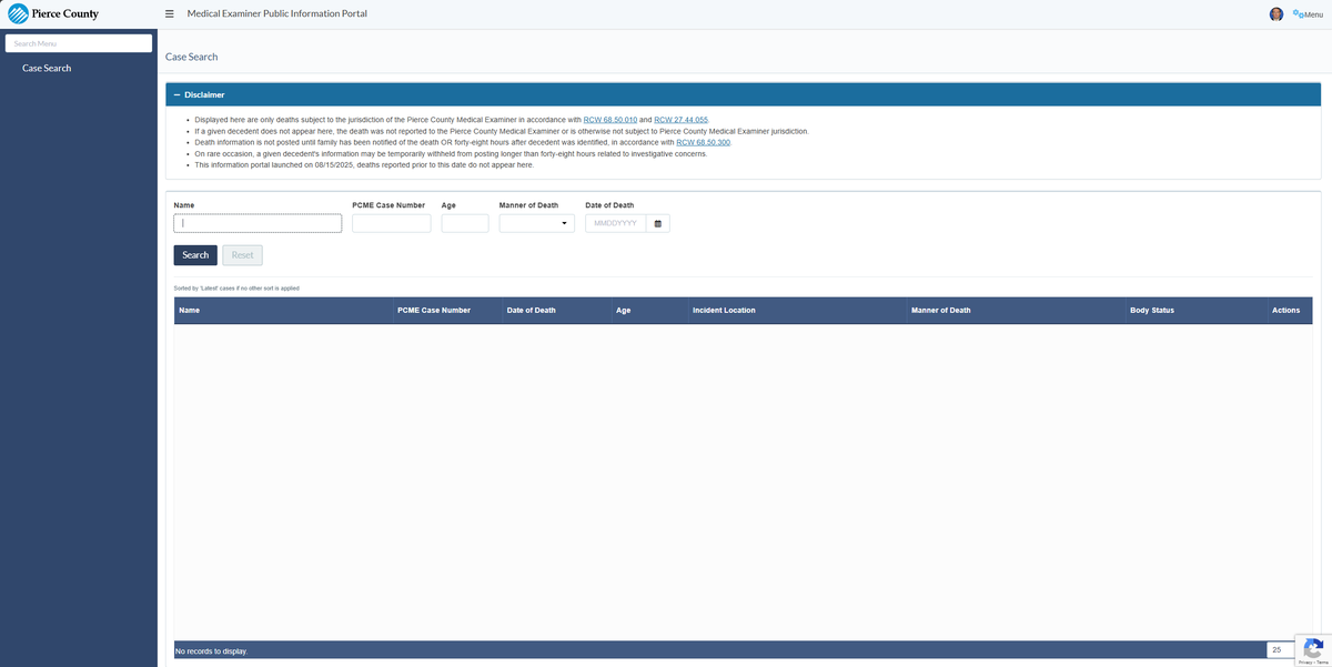 The Pierce County Medical Examiner’s Office’s new portal’s landing page prior to launch, so no decedent case information is yet shown.