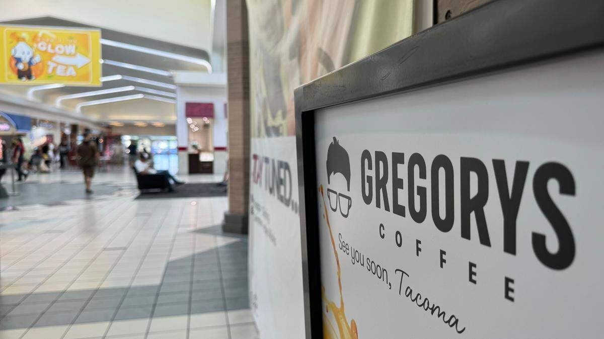 A sign advertising the new Gregorys Coffee shop coming to the Tacoma Mall was seen Aug. 1, 2024.