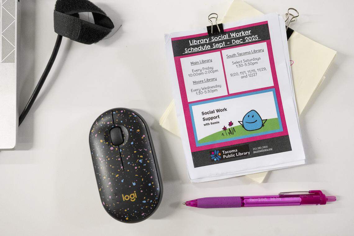 A printed schedule for Social Work Support with Samie, a program run by Samie Iverson, the library social worker for Tacoma Public Library, is pictured on Friday, Dec. 5, 2025, at the Main Branch in Tacoma, Wash.