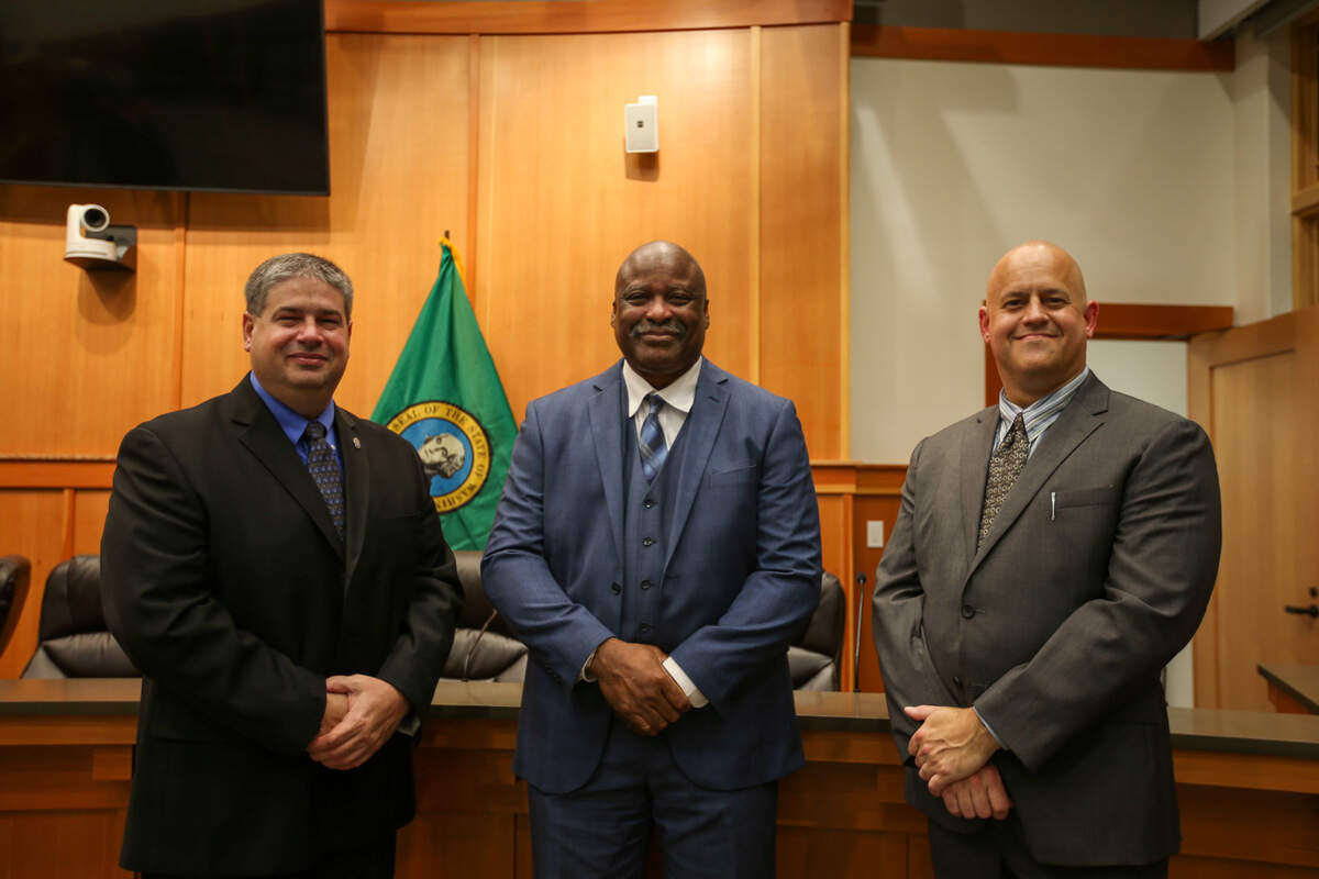 From left to right: Jay King, Bruce Caldwell and Devon Gabreluk. All three applied to become Orting Police Department’s new chief in 2022.