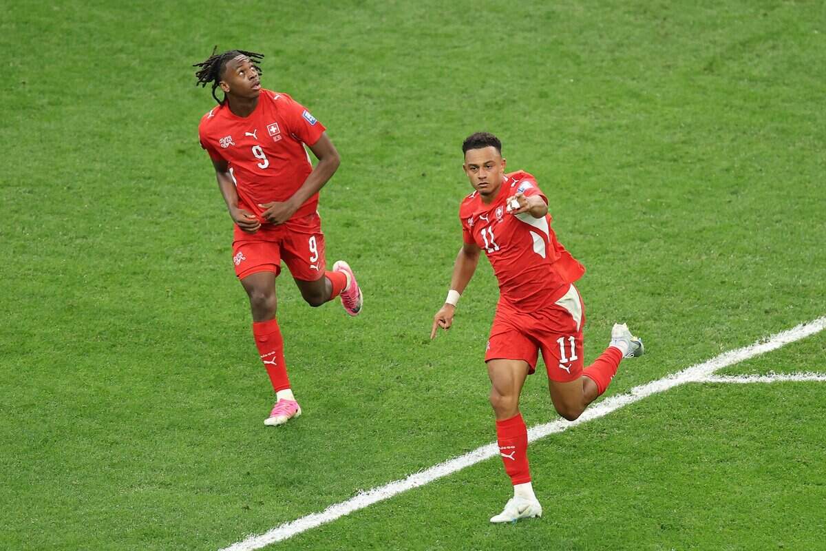 VANCOUVER, BRITISH COLUMBIA - JULY 02: Dan Ndoye #11 of Switzerland celebrates scoring his team's second goal during the FIFA World Cup 2026 Round of 32 match between Switzerland and Algeria at BC Place Vancouver on July 02, 2026 in Vancouver, British Columbia. (Photo by Fran Santiago/Getty Images)