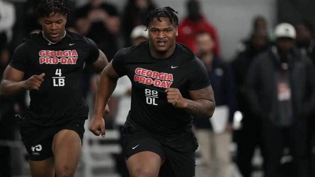 Former University of Georgia defensive lineman Jalen Carter runs drills during his school’s Pro Day, Wednesday, March 15, 2023, in Athens, Georgia.