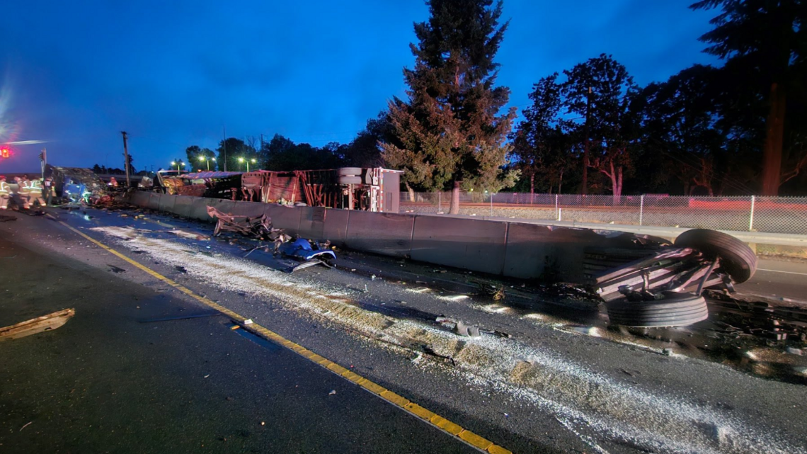 Overturned semi-truck closes ramps on Interstate 5 near JBLM