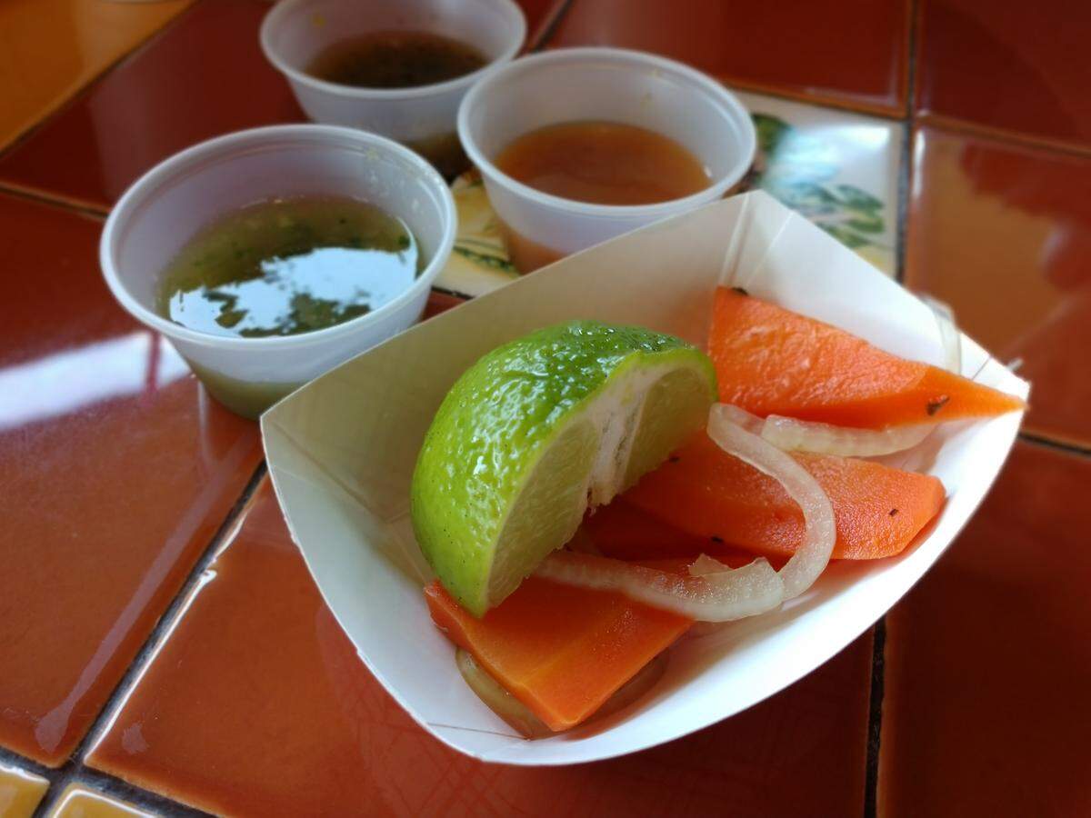 Help yourself to salsa and pickled vegetables at Don Alberto California Style Mexican Food in Lakewood.