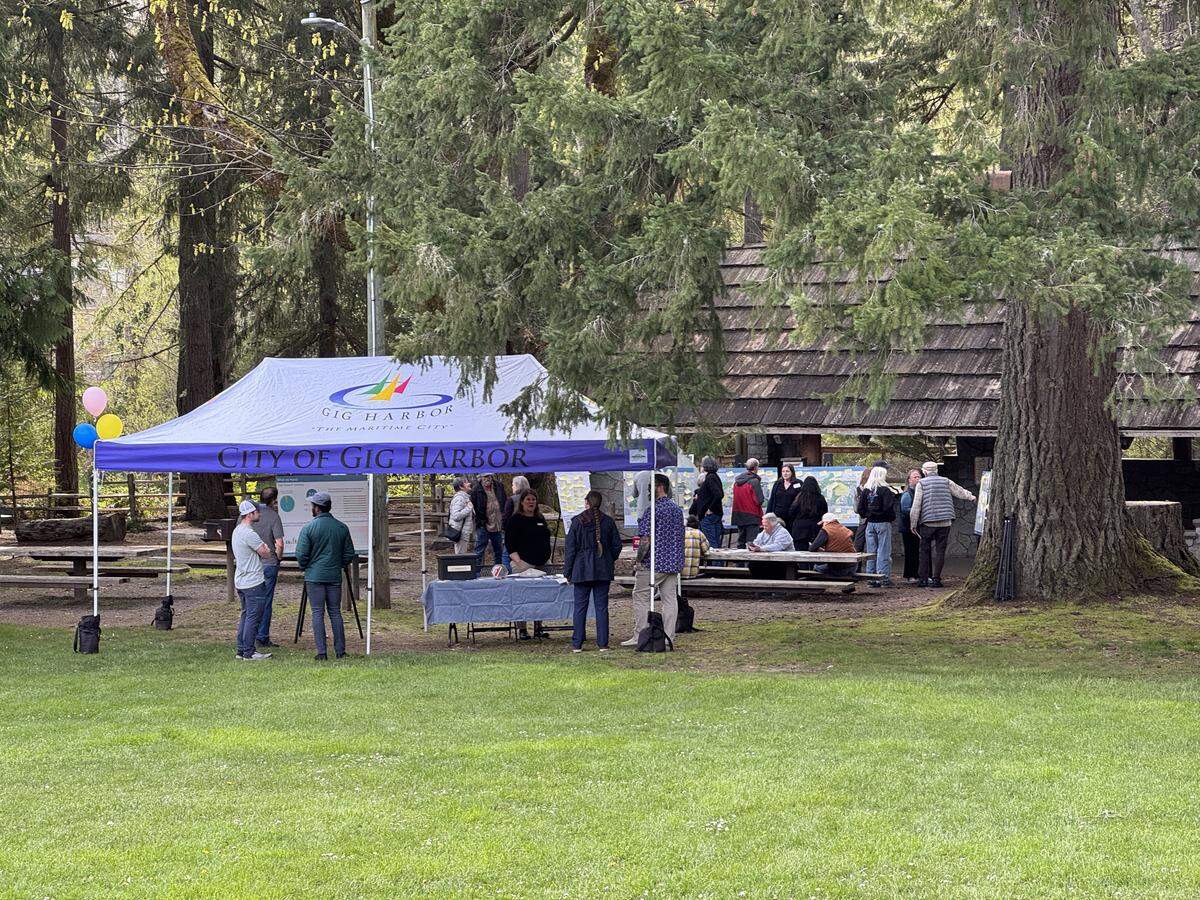 Visitors talk with Gig Harbor city staff and consultants about proposed redesigns for Crescent Creek Park at an open house Wednesday, April 9, 2025, in Gig Harbor, Wash.