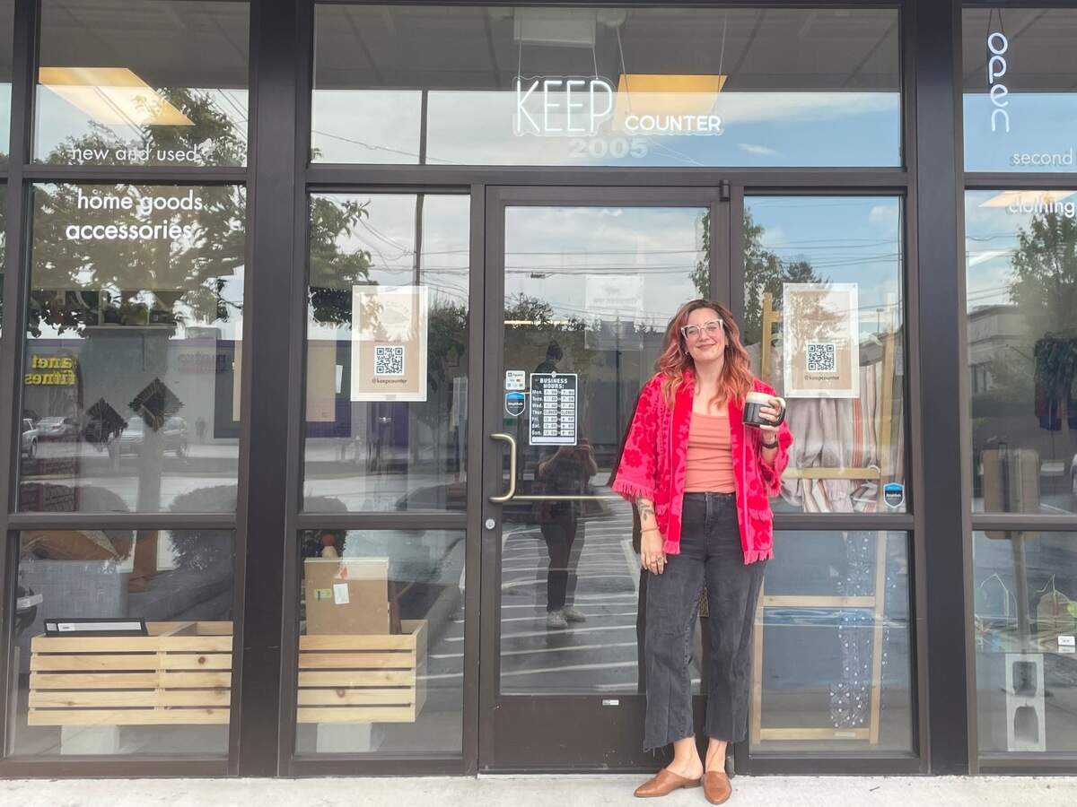 Keep Counter owner and operator Katrina Lepp stands outside her new curated thrift store on Aug. 25, 2023 in Fircrest.