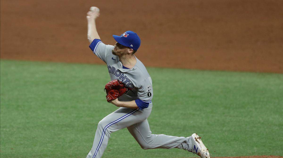 Toronto Blue Jays relief pitcher Ken Giles (51) during the ninth inning of a baseball game against the Tampa Bay Rays Friday, July 24, 2020, in St. Petersburg, Fla. (AP Photo/Chris O’Meara)