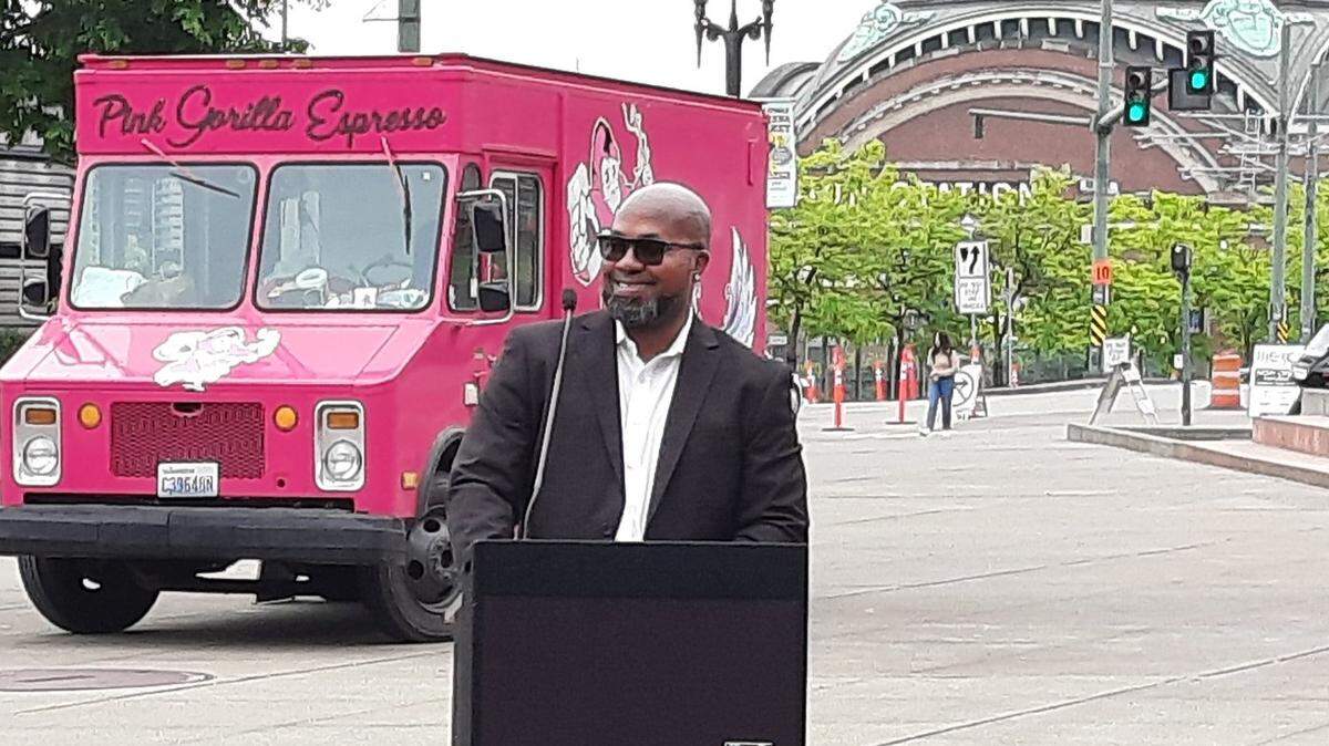 Former Tacoma Police Department Chief of Staff Curtis Hairston speaks during a Juneteenth celebration at Tollefson Plaza on June 15, 2022.