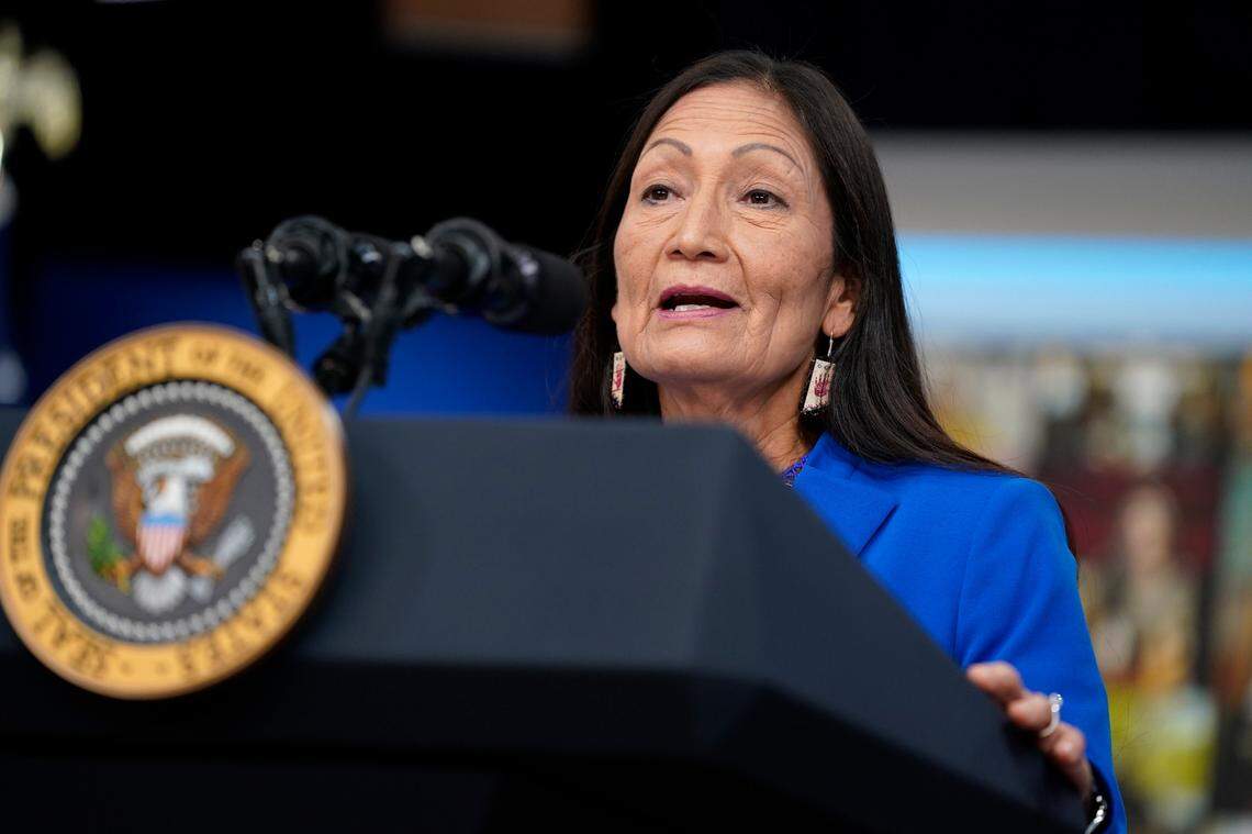 Interior Secretary Deb Haaland speaks during a Tribal Nations Summit during Native American Heritage Month, in the South Court Auditorium on the White House campus, Monday, Nov. 15, in Washington D.C. Haaland is a citizen of the Laguna Pueblo and the first Native American to hold a cabinet position.
