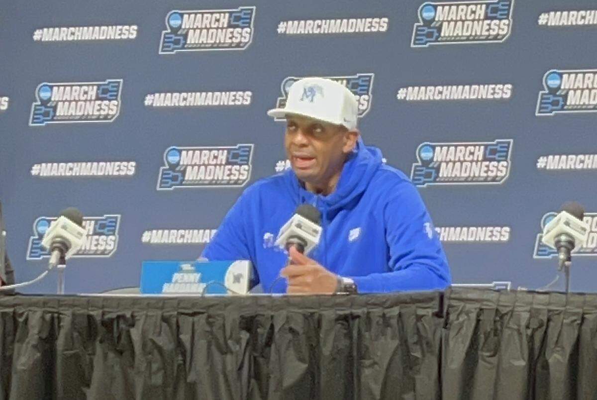 Coach Penny Hardaway speaking at Climate Pledge Arena before his Memphis Tigers practiced March 20, 2025, for their first-round NCAA men’s basketball tournament game against Colorado State in Seattle.