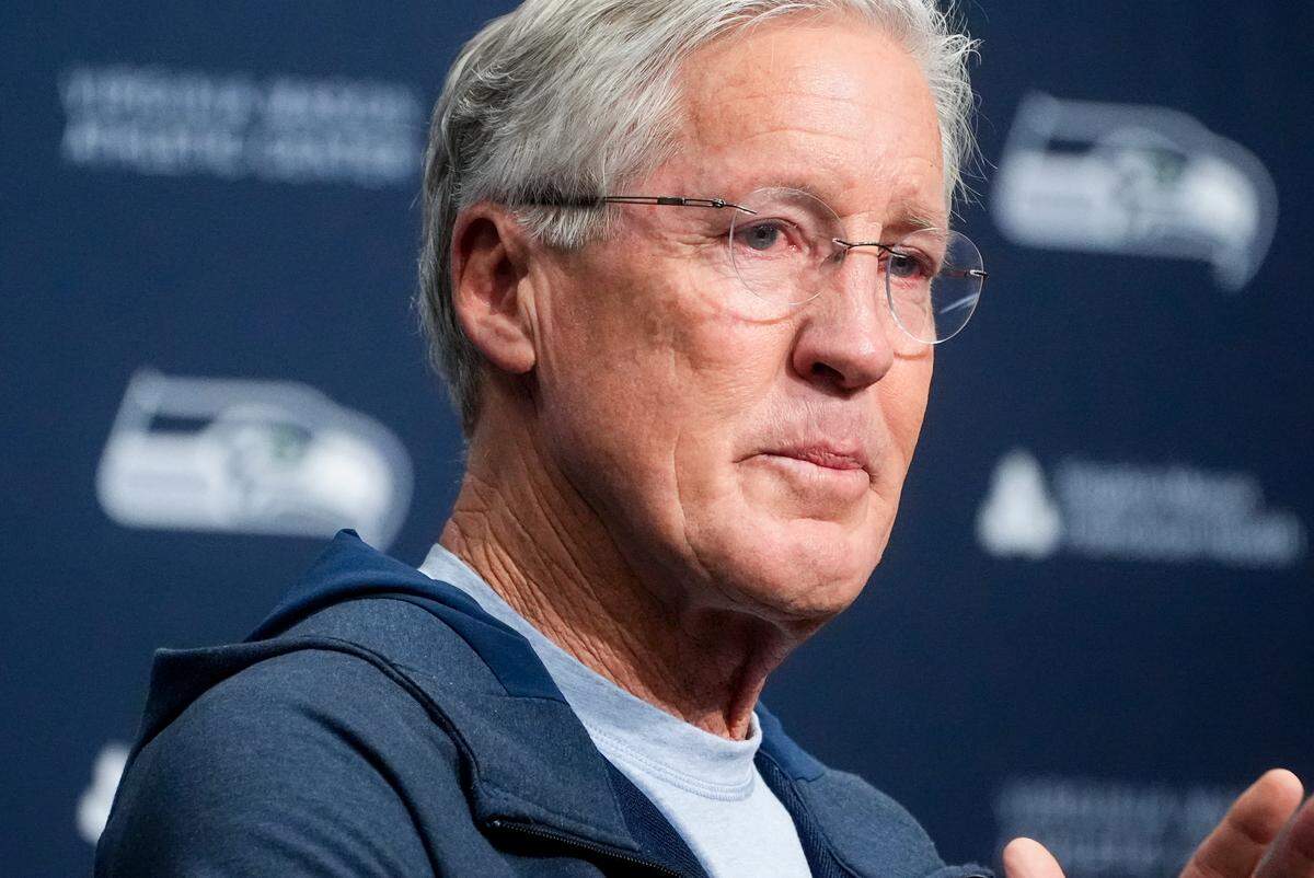 Former Seattle Seahawks head coach Pete Carroll becomes emotional while speaking during a media availability after it was announced he will not return as head coach next season, Wednesday, Jan. 10, 2024, at the NFL football team’s headquarters in Renton, Wash. Carroll will remain with the organization as an advisor. (AP Photo/Lindsey Wasson)