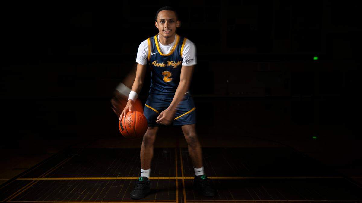 Annie Wright senior Jeremiah Harshman, The News Tribune’s 2025 All-Area boys basketball player of the year, poses for a portrait at Sumner High School, on Sunday, March 23, 2025, in Sumner, Wash.