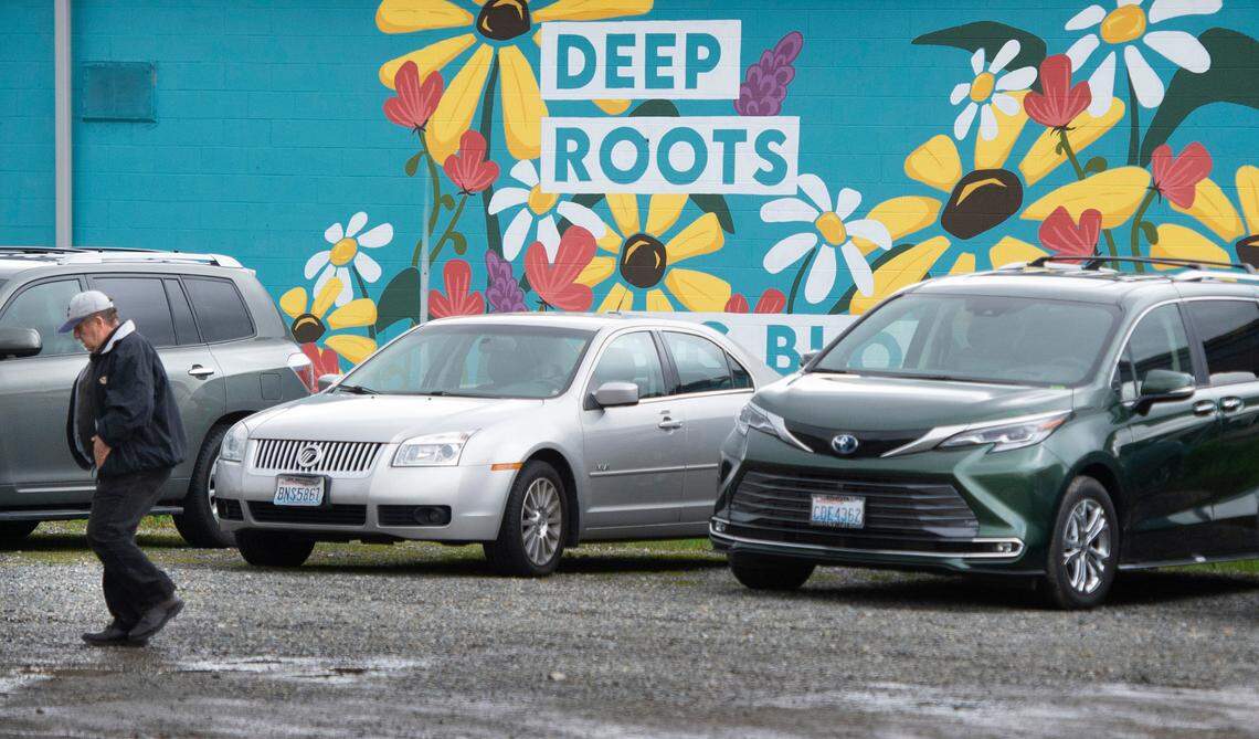 A shopper arrives at the Sumner Community Food Bank in Sumner, Washington, on Wednesday, May 18, 2022. The food bank has been serving the community since 1985.