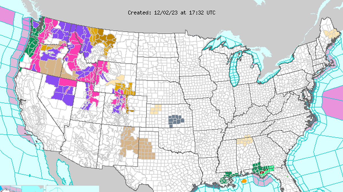 A screenshot from The National Weather Service’s website on Saturday showed the concentration of weather watches/warnings in the Northwest compared with nationwide.