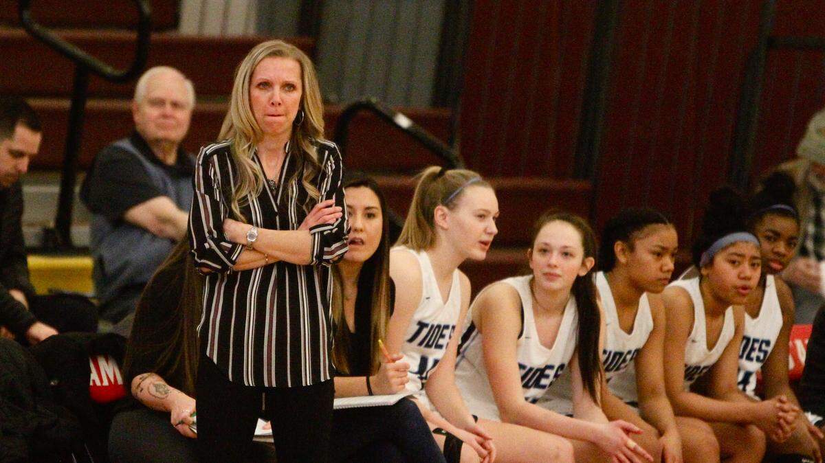 Gig Harbor High School coach Megan Murray in a regional round game of the Class 3A state tournament against Edmonds-Woodway at Mount Tahoma High School on Saturday, Feb. 23, 2019.