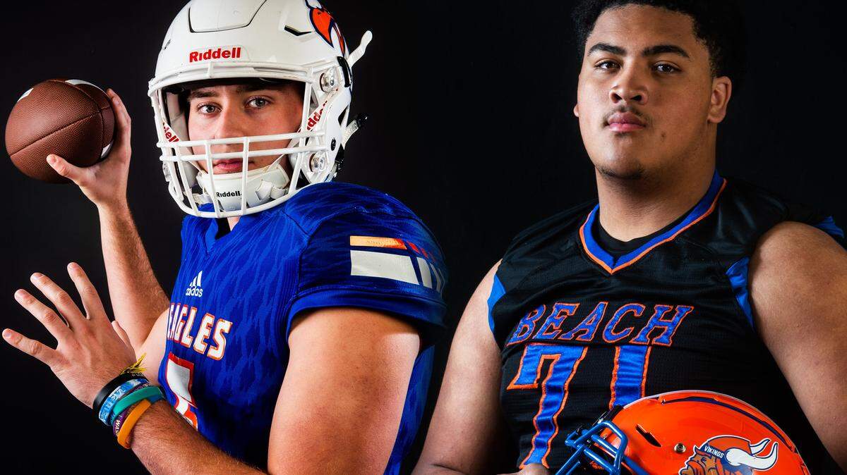 Graham-Kapowsin’s Dylan Morris, left, and Rainier Beach High School’s Nathaniel Kalepo will play at The University of Washington next year.