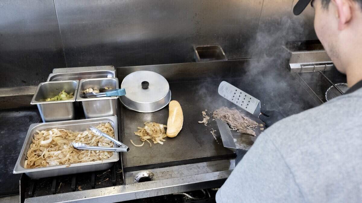 A cheesesteak is prepared in the kitchen of Philly-N-Smash on Monday, Sept. 22, 2025, in Fife, Wash.