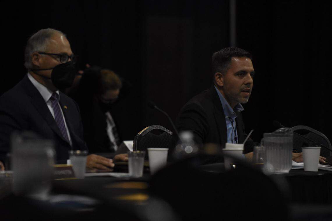 Squaxin Island Tribe Chairman Kristopher Peters joins Gov. Jay Inslee at the 32nd Annual Centennial Accord Meeting Wednesday, Oct. 27, at the Skookum Creek Event Center in Shelton, Wash. The Tribe hosted the annual gathering of representatives from the state’s 29 Tribal nations and a leaders of other Pacific North West Tribes to discuss their individual issues, successes and needs and solidify government-to-government relationships between the state and Tribes.