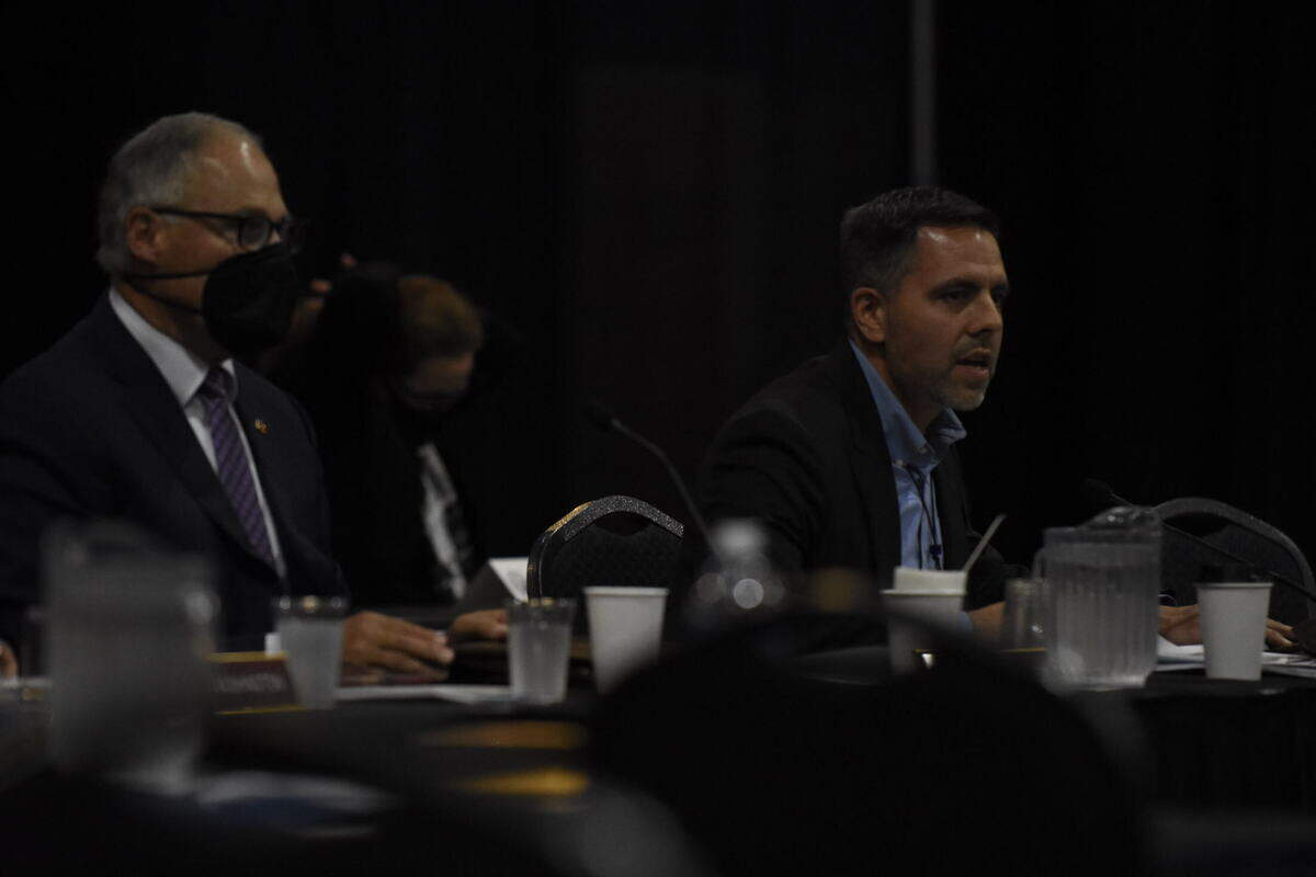 Squaxin Island Tribe Chairman Kristopher Peters joins Gov. Jay Inslee at the 32nd Annual Centennial Accord Meeting Wednesday, Oct. 27, at the Skookum Creek Event Center in Shelton, Wash. The Tribe hosted the annual gathering of representatives from the state’s 29 Tribal nations and a leaders of other Pacific North West Tribes to discuss their individual issues, successes and needs and solidify government-to-government relationships between the state and Tribes.
