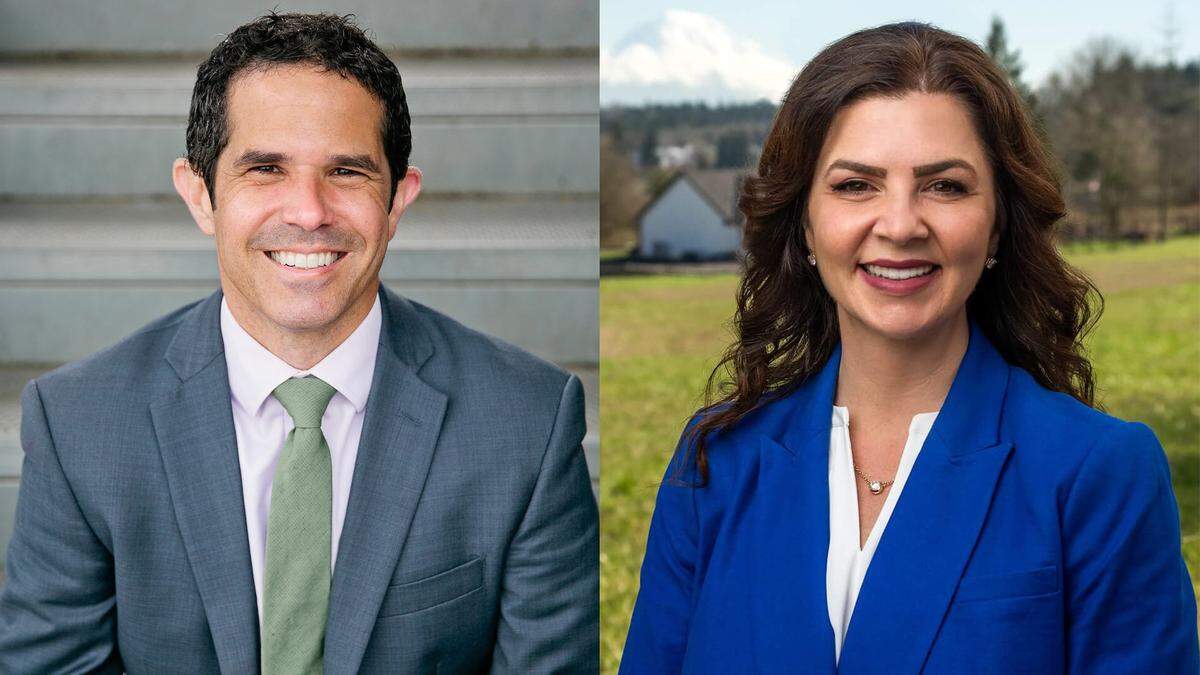 Pierce County Executive candidates Ryan Mello (D), left, and Kelly Chambers (R)