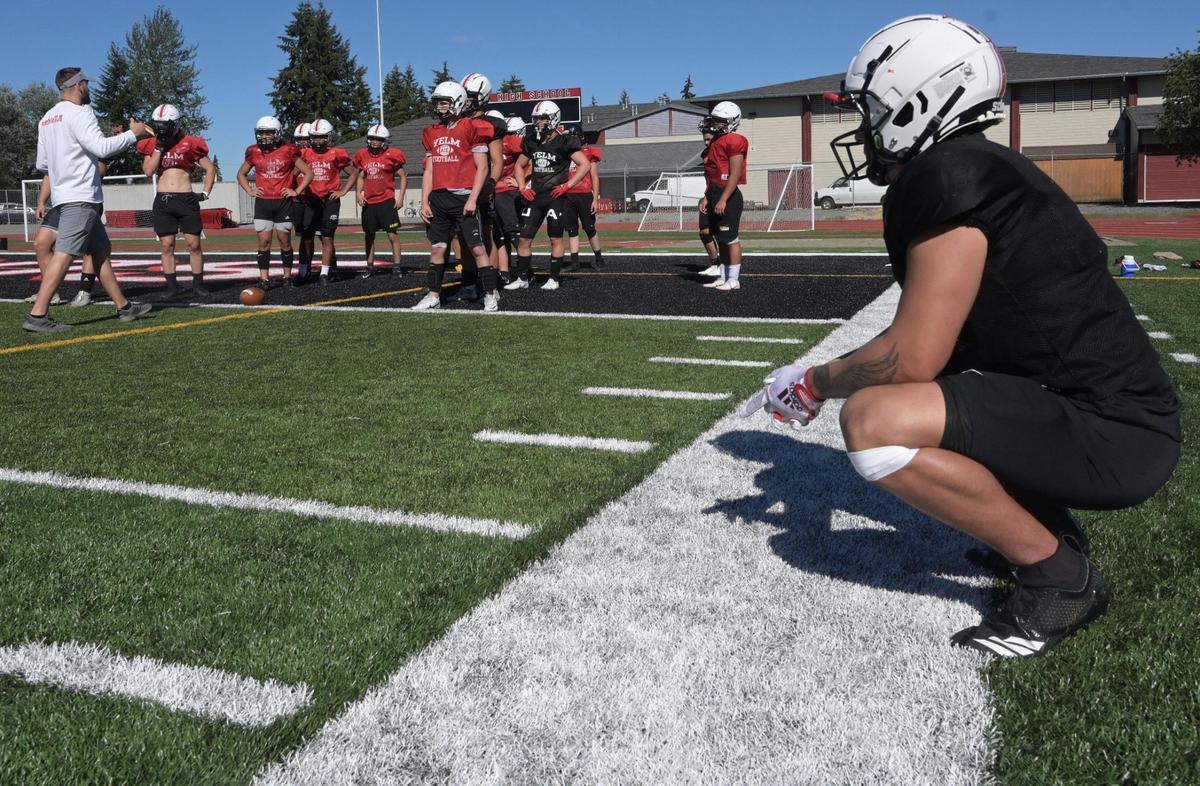 Yelm linebacker Ray Wright waits for a personnel shift during practice on Monday, August 22 as the Tornados prepare for the 2022 season
