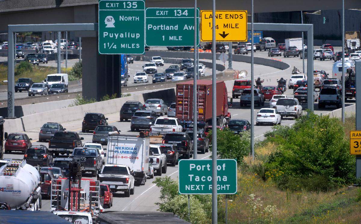 Northbound traffic makes its usual backup through the construction zone on Interstate 5 through Tacoma, Washington on Thursday, June 16, 2022.