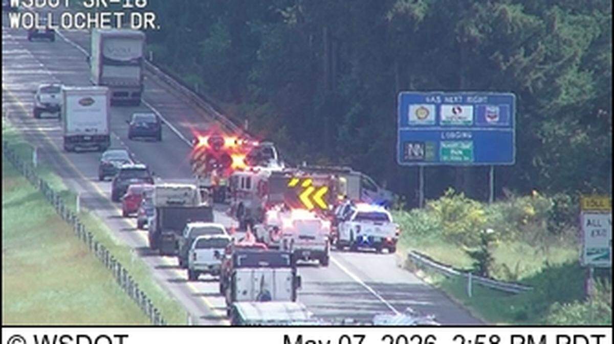 Traffic is backed up on State Route 16 after a collision on May 7, 2026 near Gig Harbor.
