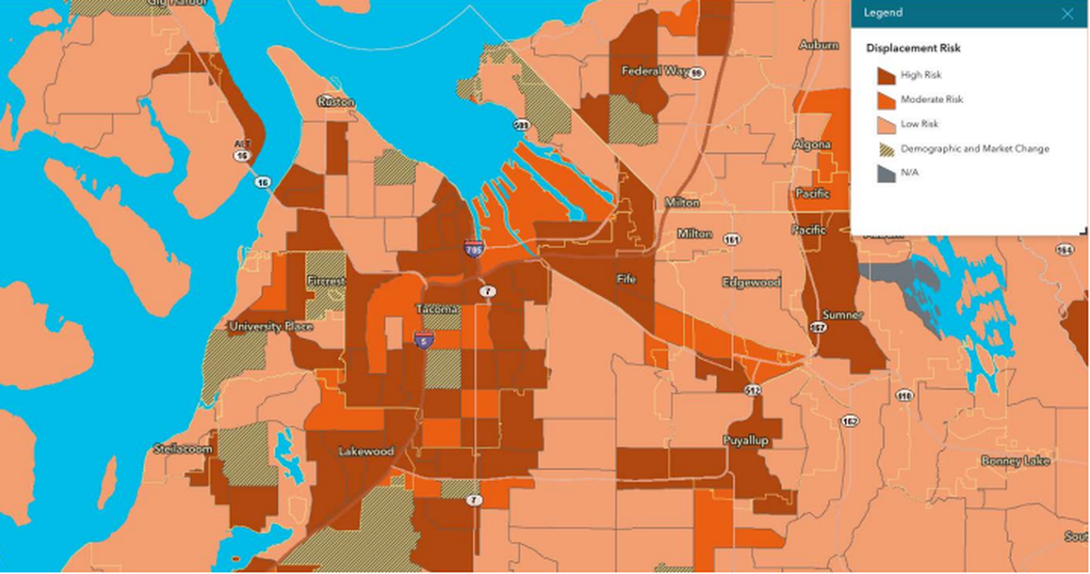 The Washington State Department of Commerce Displacement Risk Map, one of five mapping tools used by the city of Tacoma, shows areas at risk for displacement.