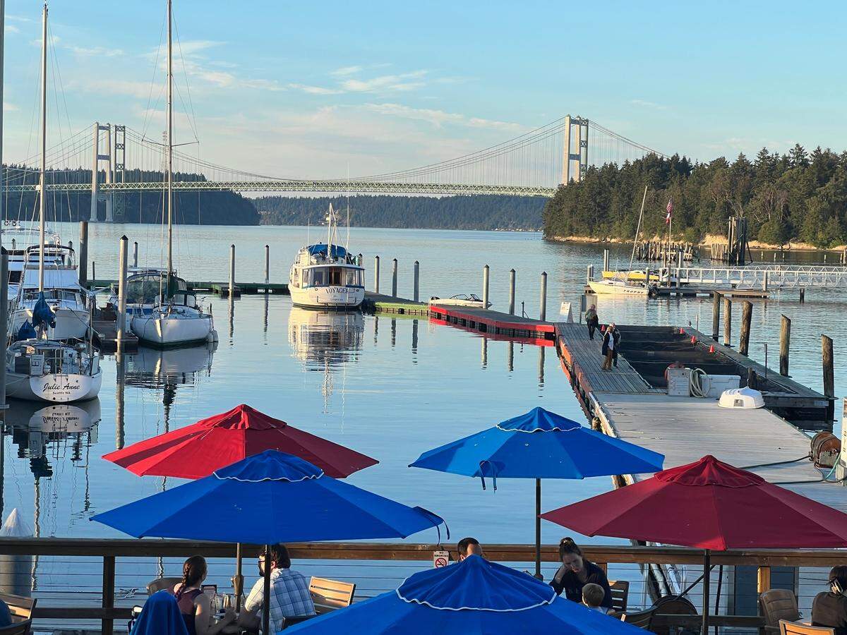 Boats and the Narrows Bridge are pictured from the Narrows Brewing Company on Sept. 16, 2024. A magnitude-9.0 earthquake would result in a tsunami that would reach Puget Sound.