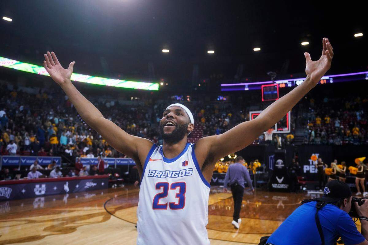 Boise State forward Naje Smith celebrates the team’s victory over Wyoming in an NCAA college basketball game in the semifinals of Mountain West Conference men’s tournament Friday, March 11, 2022, in Las Vegas. (AP Photo/Rick Bowmer)