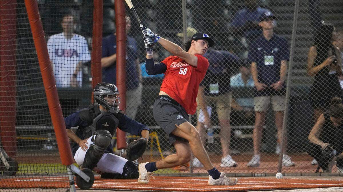 Draft prospect Jonny Farmelo participates in the MLB baseball draft combine, Wednesday, June 21, 2023, in Phoenix. (AP Photo/Matt York)