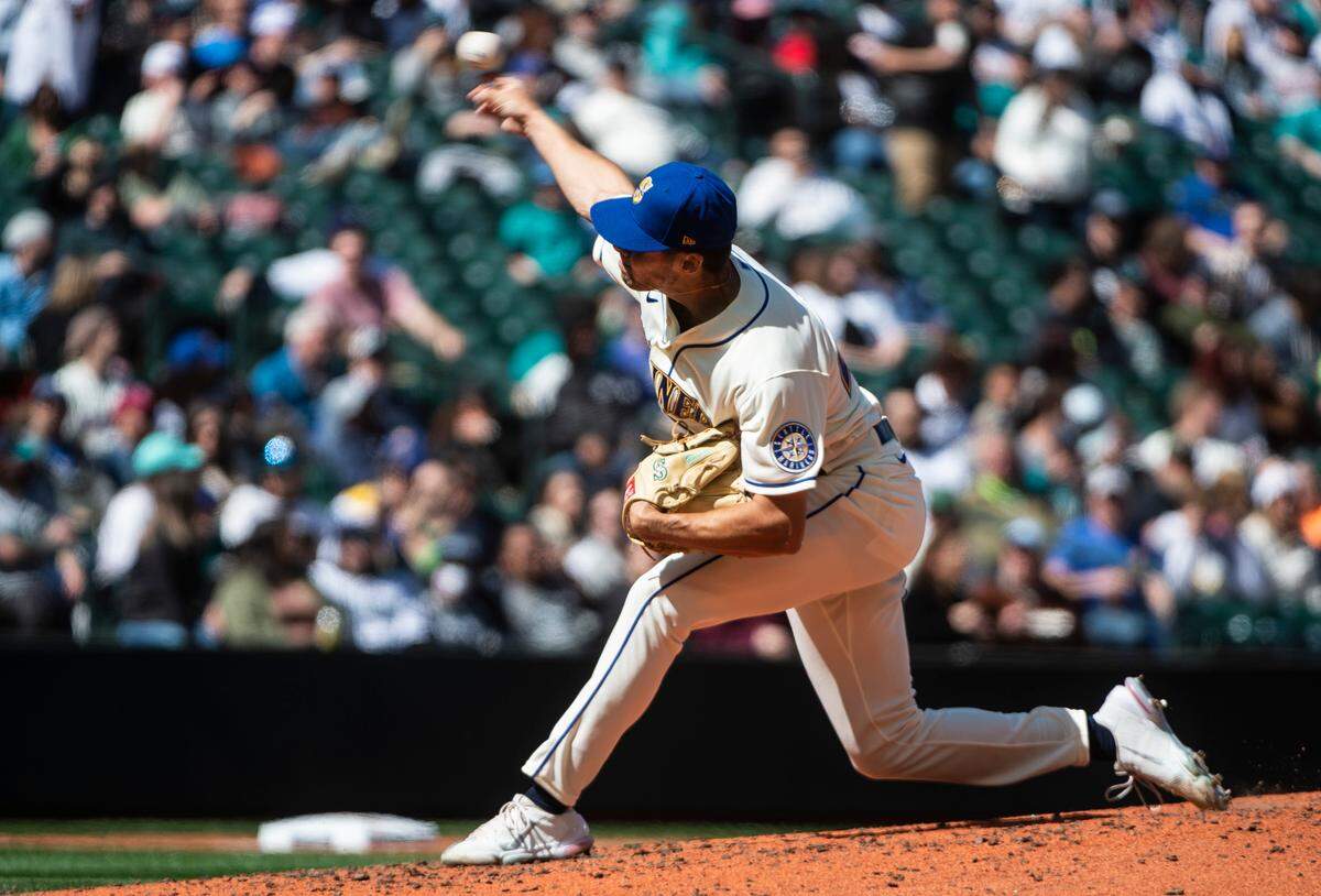 Seattle Mariners starting pitcher Matt Brash (47) pitches the ball in the third inning at T-Mobile Park in Seattle, Wash. on Sunday, April 17, 2022. The Seattle Mariners defeated the Houston Astros 7-2 in their third game of the season.