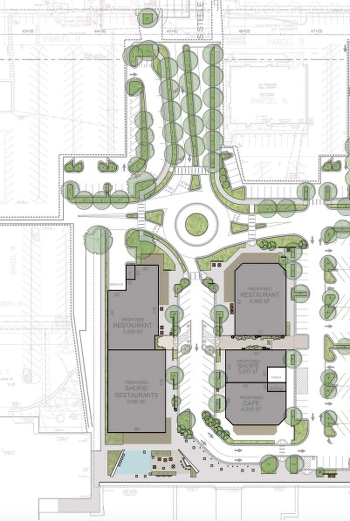 A portion of redevelopment plans submitted to the City of Tacoma in 2018 from Simon Property Group showed the three buildings and a new entrance with roundabout.