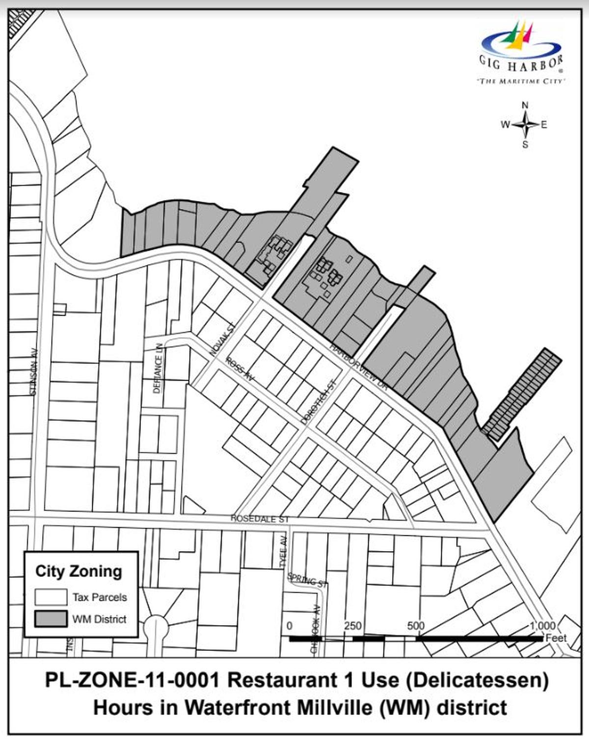 A map showing the exact location of Gig Harbor’s Waterfront Millville zoning district. Councilwoman Jeni Woock is proposing to halt any future restaurants from opening in the district to prevent overgrowth and protect homeowner’s rights.