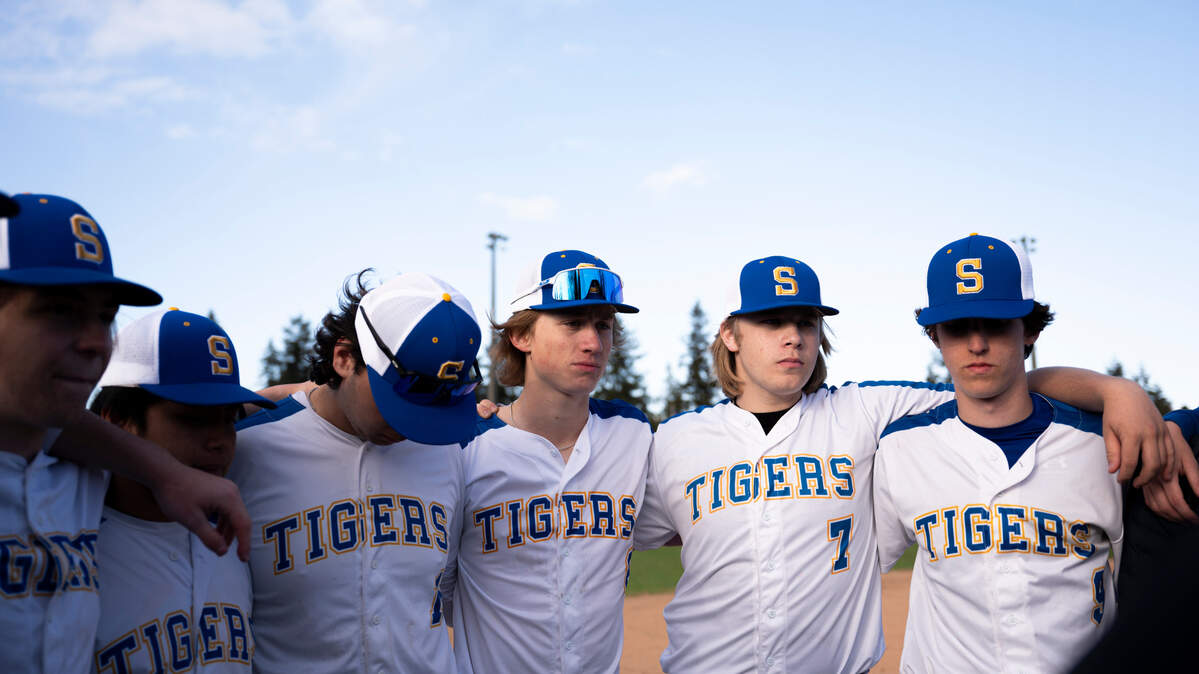 Stadium players huddle after their 23-2 victory against Mount Tahoma during the game at Heidelberg Field, on Tuesday, April 9, 2024, in Tacoma, Wash.