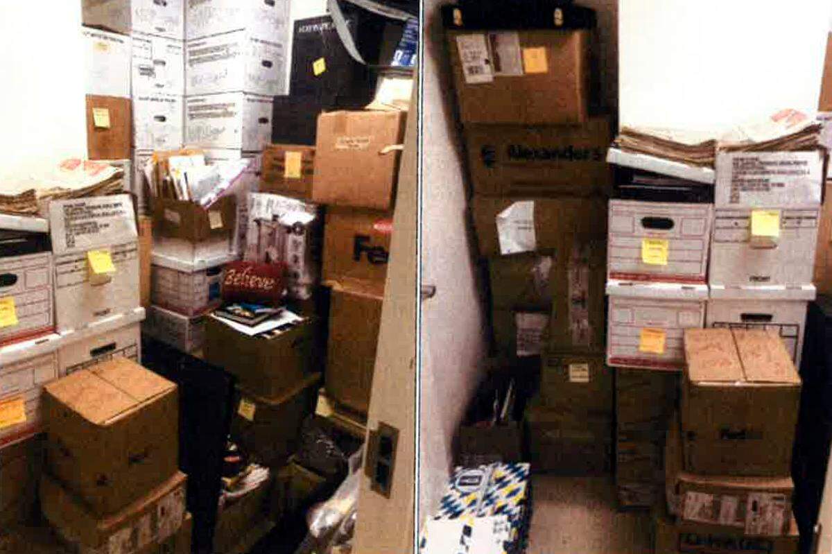 This image, contained in the report from special counsel Robert Hur, shows boxes in a storage closet at the Penn Biden Center in Washington, in March 2021. (Justice Department via AP)