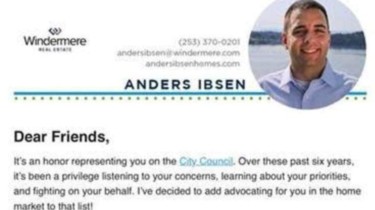 A screenshot from an email Tacoma Deputy Mayor Anders Ibsen sent for his new real estate business, from his real estate email, in June 2018.
