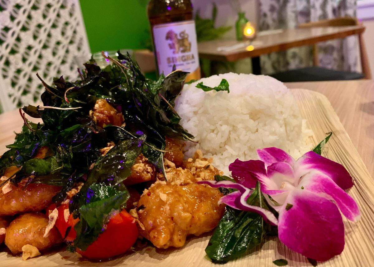 Bloom Thai brings a modern menu of Thai dishes to a cute space in Lakewood. Dishes like the crispy Bangkok garlic chicken with rice and crispy basil are served in generous portions on bamboo plates.