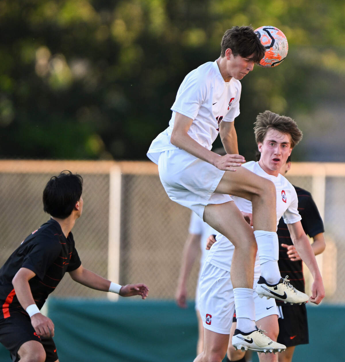 Silas’ Caden Grant (10) heads the ball during the 3A District Boys Soccer Championship match against Central Kitsap at Auburn Memorial Stadium, on Thursday, May 9, 2024, in Auburn, Wash.