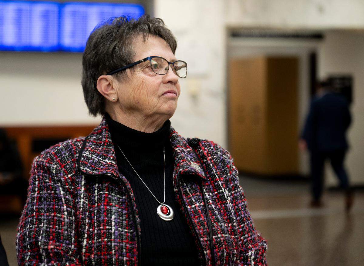 Sumner Mayor Kathy Hayden speaks to the media after Alyssa Rae Leach, 24, was sentenced to first-degree arson for starting the Oct. 28, 2022 fire in downtown Sumner that destroyed a historic building and caused major damage to local businesses, in Pierce County Superior Court, on Friday, Jan. 19, 2024, in Tacoma.