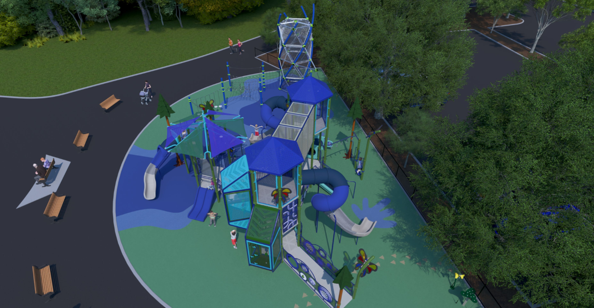 A sky-high view of a rendering for a new playground design at Bradley Lake Park, located at 531 31st Ave. SE in Puyallup, Wash. City officials told The News Tribune they expect construction to happen in the fall of 2027.