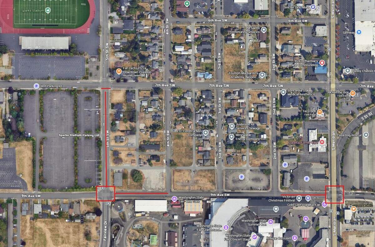 A map of Puyallup intersections that are being impacted by traffic work this week. The city is advising residents to drive carefully and obey officer commands while work is being completed.