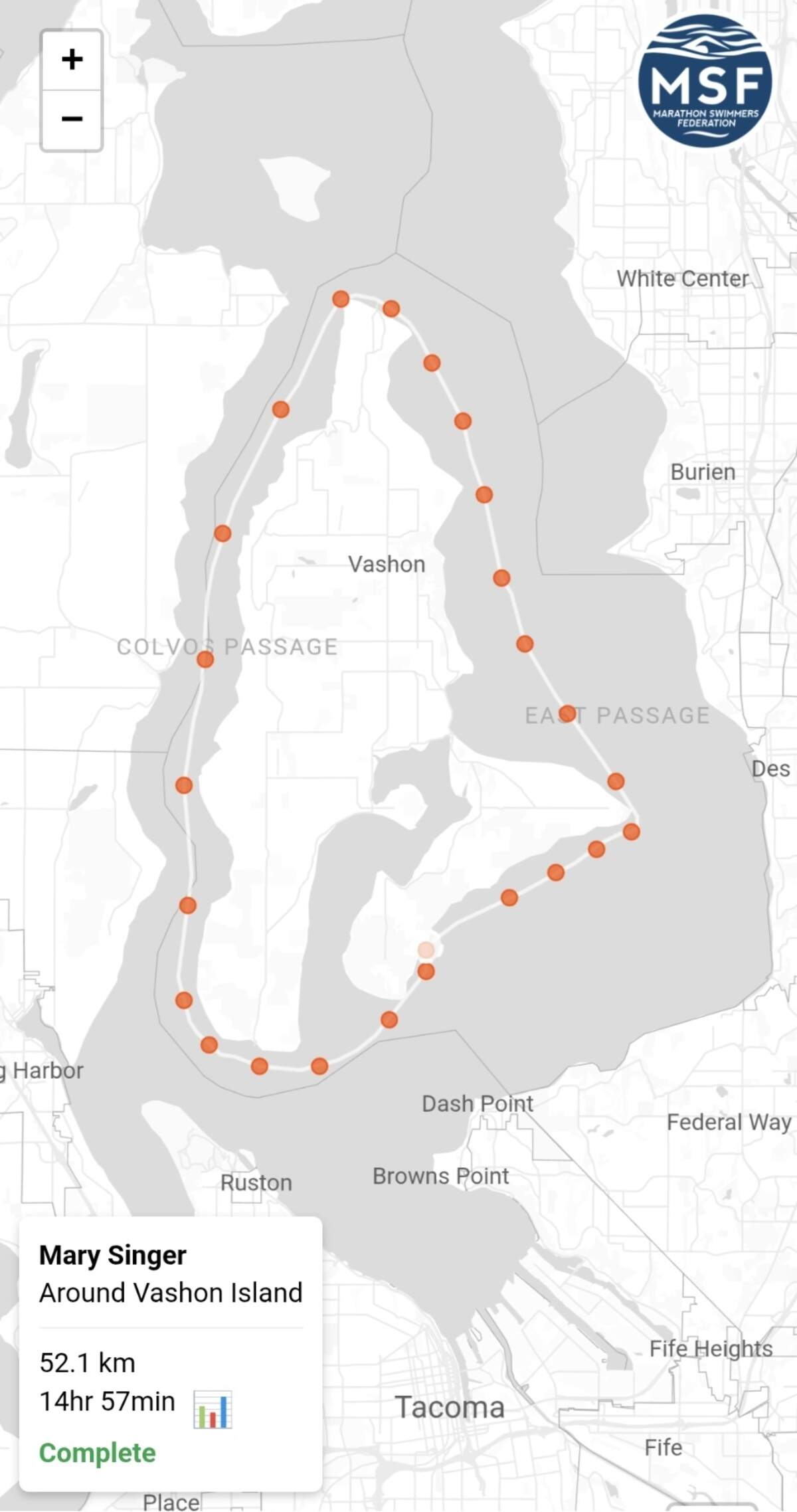 6. Mary Singer Courtesy Northwest Open Water Swimming Association.jpg Singer’s route as tracked from her support boat.