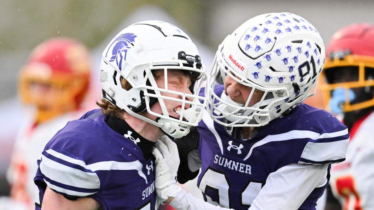 Sumner’s Gray Longoria (72) reacts to sacking Kamiakin’s quarterback during the first half of the game at Sumner High School, on Saturday, Nov. 16, 2024 in Sumner, Wash.
