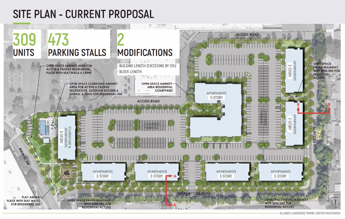 A slide presented at a January public hearing showing plans for the proposed Lakewood Towne Center Apartments.