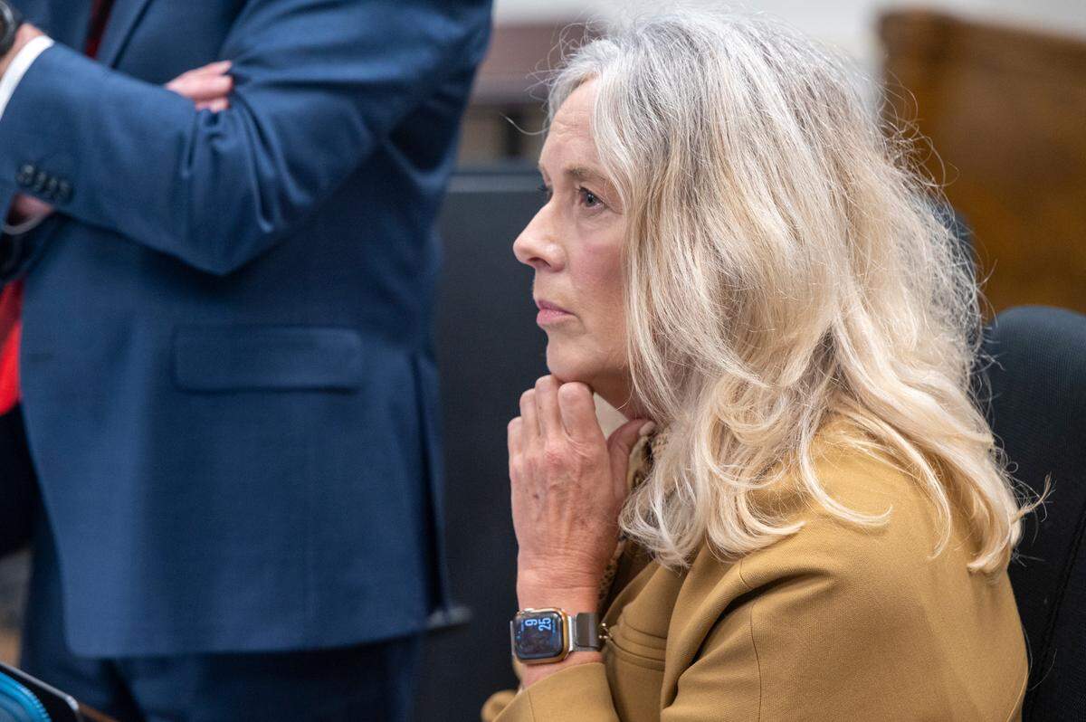 Joan Mell, right, looks toward the judge during a hearing for a civil case where Pierce County Prosecuting Attorney Mary Robnett is seeking to bar Mell from acting as Pierce County Sheriff Keith Swank’s attorney. Photographed on Monday, June 16, 2025, at the King County Courthouse in Seattle.