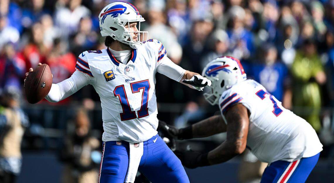 Buffalo Bills quarterback Josh Allen (17) passes the ball during the first quarter of the game against the Seattle Seahawks at Lumen Field, on Sunday, Oct. 27, 2024 in Seattle, Wash.