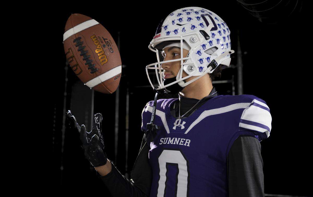 Sumner junior wide receiver Braylon Pope poses for a portrait after being selected as first-team offense for The News Tribune’s 2025 All-Area football team at Mount Tahoma High School, on Sunday, Dec. 7, 2025, in Tacoma, Wash.