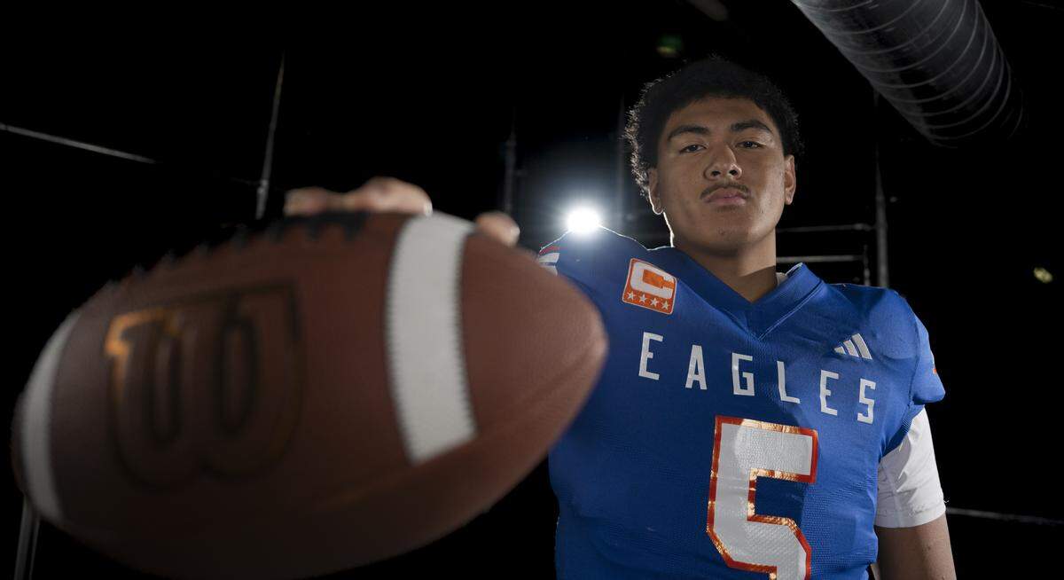 Graham-Kapowsin sophomore quarterback AJ Tuivaiave poses for a portrait after being selected as first-team offense for The News Tribune’s 2025 All-Area football team at Mount Tahoma High School, on Sunday, Dec. 7, 2025, in Tacoma, Wash.
