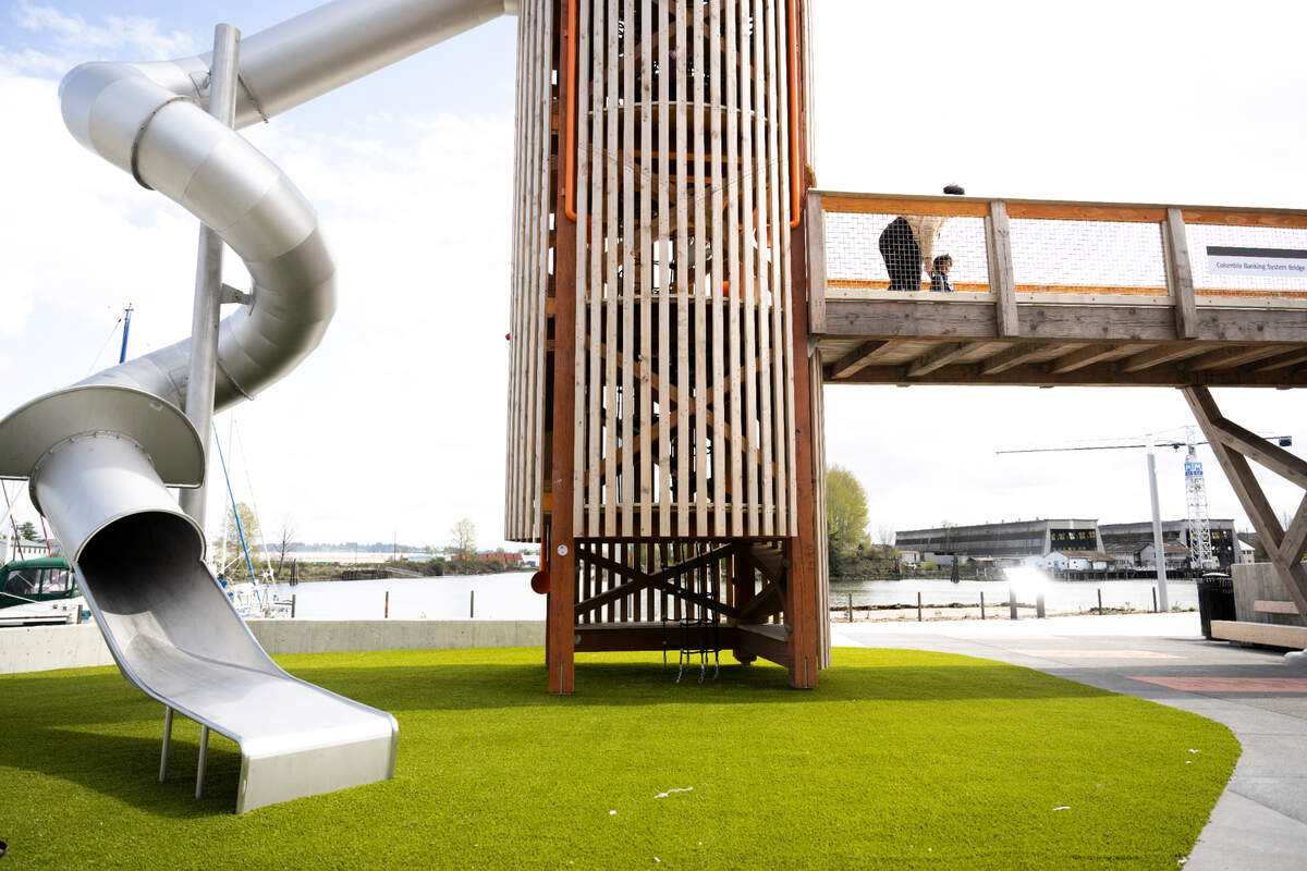 Melanie’s Park has a tower slide, log scramble and and elements that calls back to the Puyallup Tribe history and history of the waterway, on Wednesday, April 3, 2024, in Tacoma, Wash.